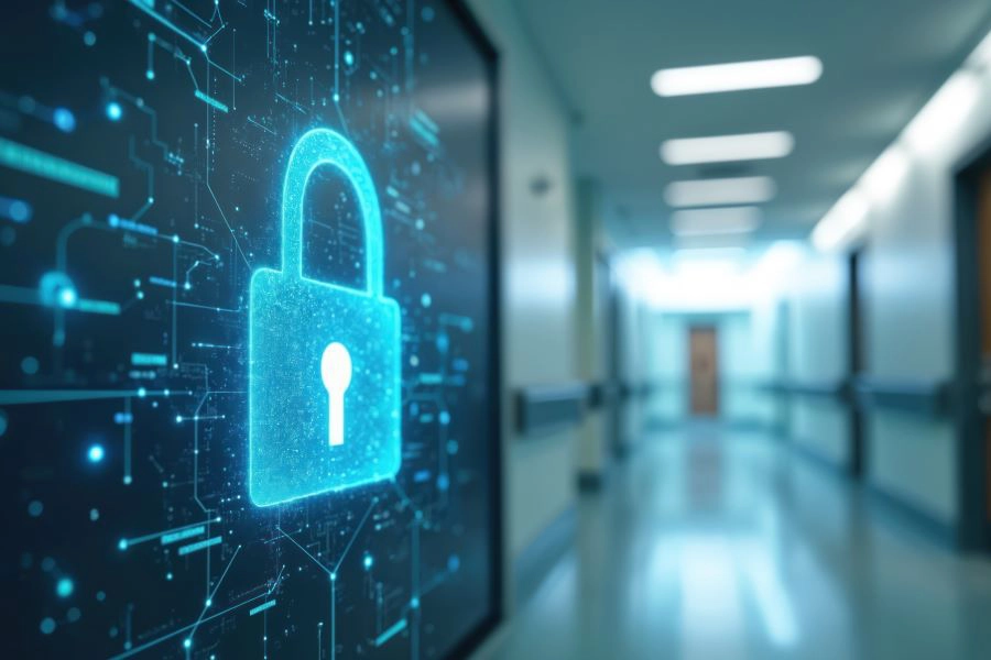 Glowing padlock icon on screen display on a wall along corridor